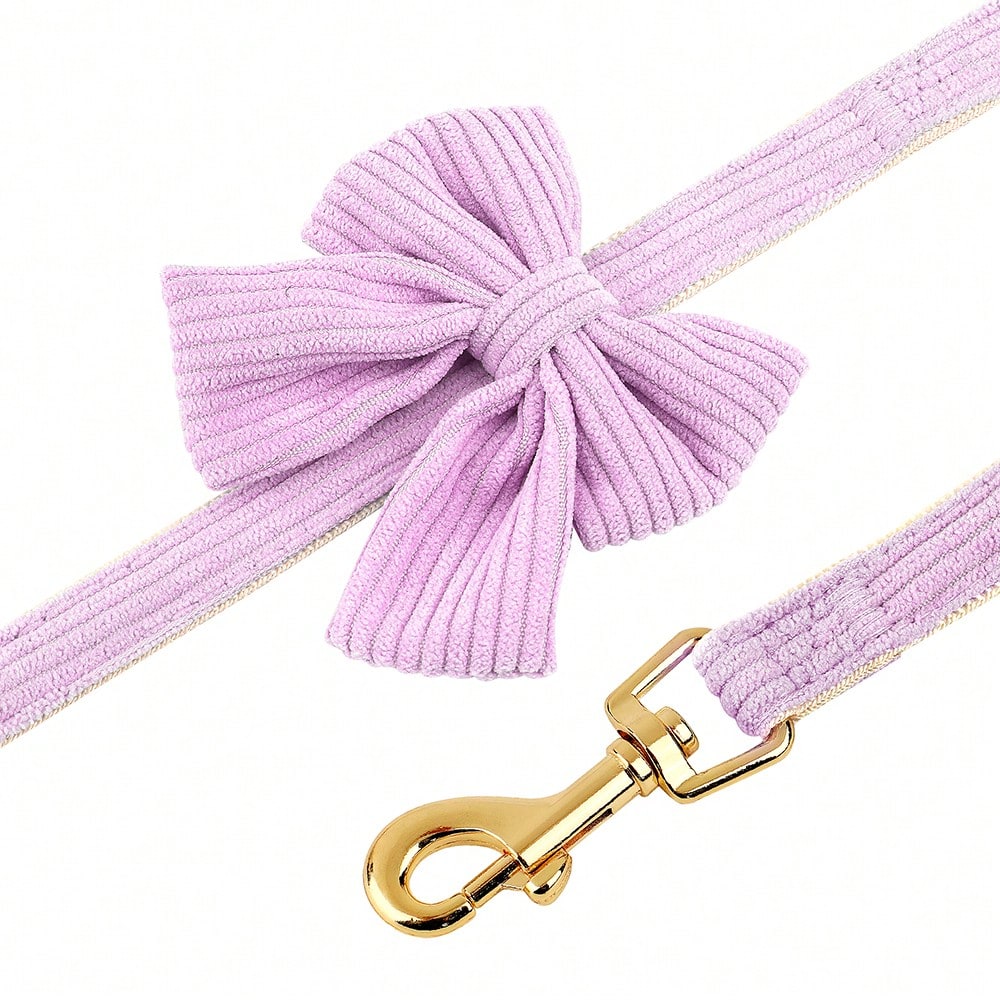 Rose red velvet bow dog collar, leash, and harness set for cats and dogs, made with polyester for everyday pet walks and styling.