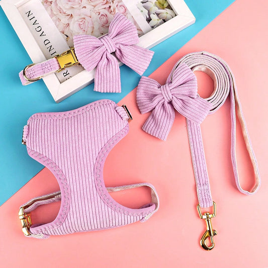 1set Faux Suede Bow Dog Collar With Chest Harness And Leash