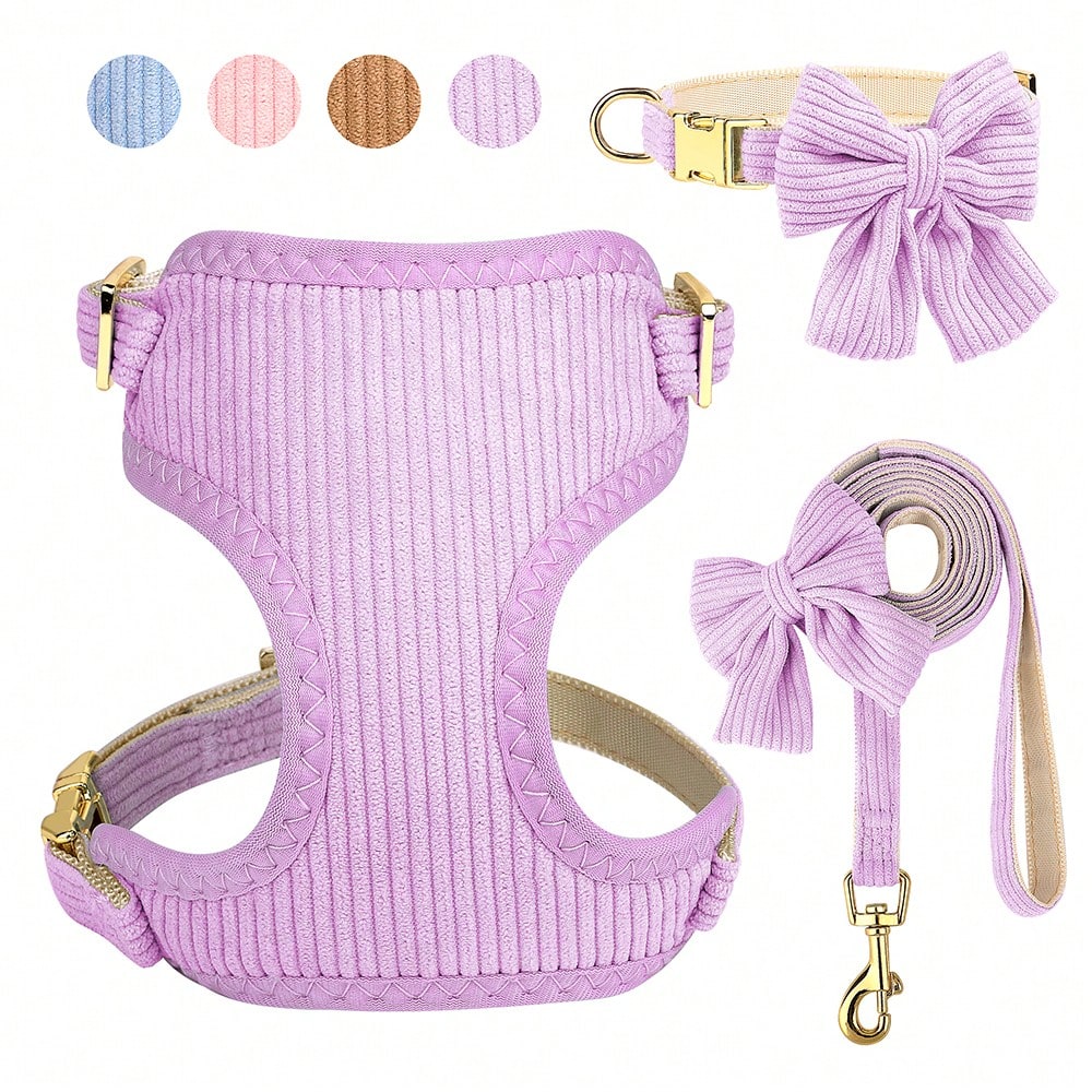 Rose red velvet bow dog collar, leash, and harness set for cats and dogs, made with polyester for everyday pet walks and styling.