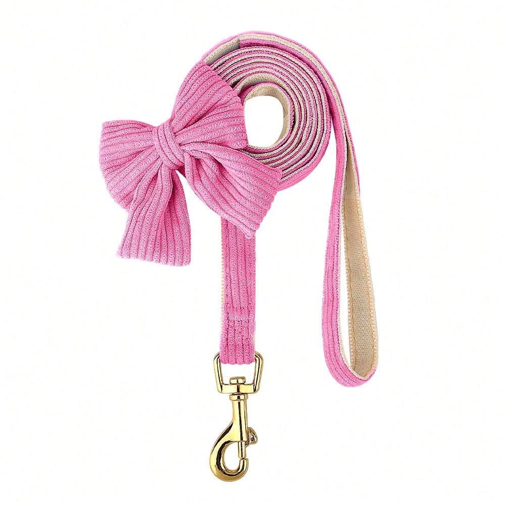 Rose red velvet bow dog collar, leash, and harness set for cats and dogs, made with polyester for everyday pet walks and styling.