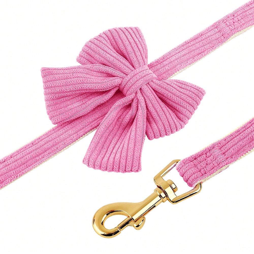 Rose red velvet bow dog collar, leash, and harness set for cats and dogs, made with polyester for everyday pet walks and styling.