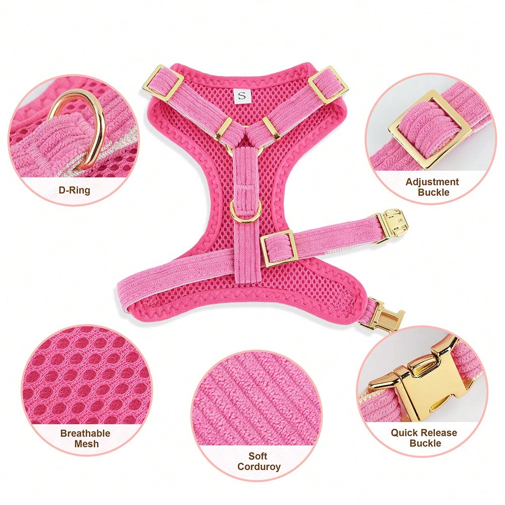 Rose red velvet bow dog collar, leash, and harness set for cats and dogs, made with polyester for everyday pet walks and styling.