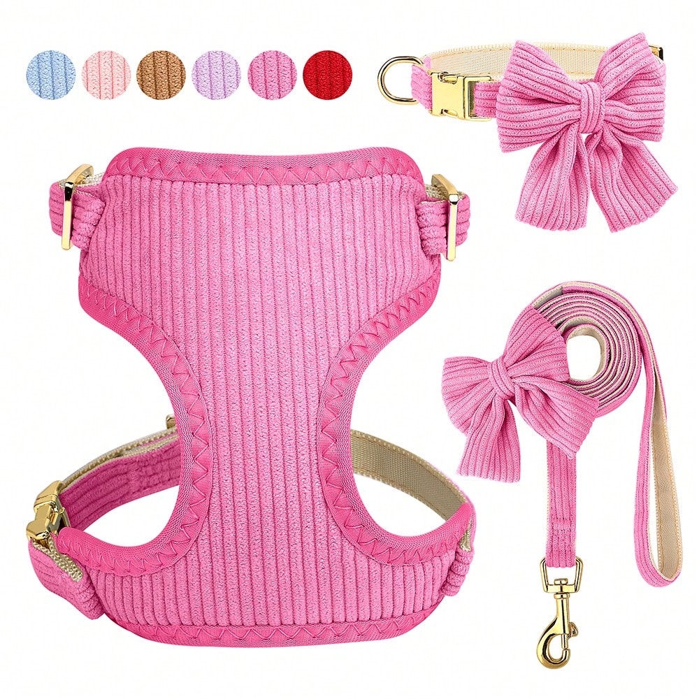 Rose red velvet bow dog collar, leash, and harness set for cats and dogs, made with polyester for everyday pet walks and styling.
