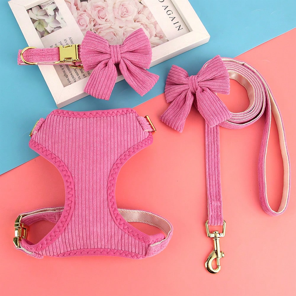Rose red velvet bow dog collar, leash, and harness set for cats and dogs, made with polyester for everyday pet walks and styling.