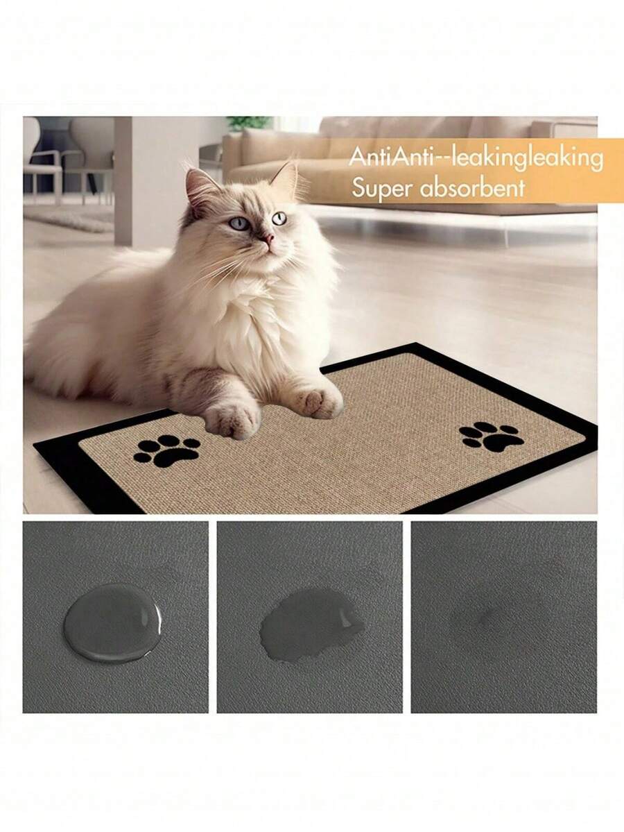 Black and white cartoon diatomite pet feeding mat placed under dog and cat food and water bowls to catch spills.
