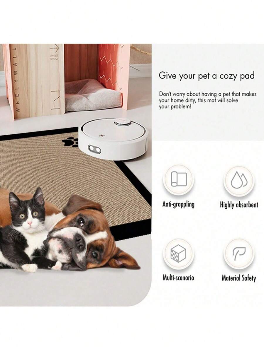 Black and white cartoon diatomite pet feeding mat placed under dog and cat food and water bowls to catch spills.