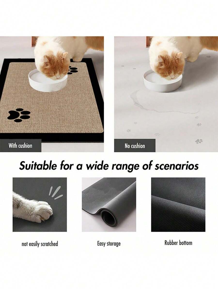 Black and white cartoon diatomite pet feeding mat placed under dog and cat food and water bowls to catch spills.