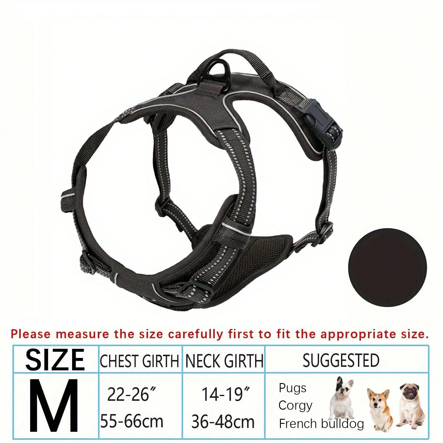 Multicolor polyester no-pull dog harness vest with reflective details, soft padding, 2 leash clips, adjustable straps, and easy control handle for dogs