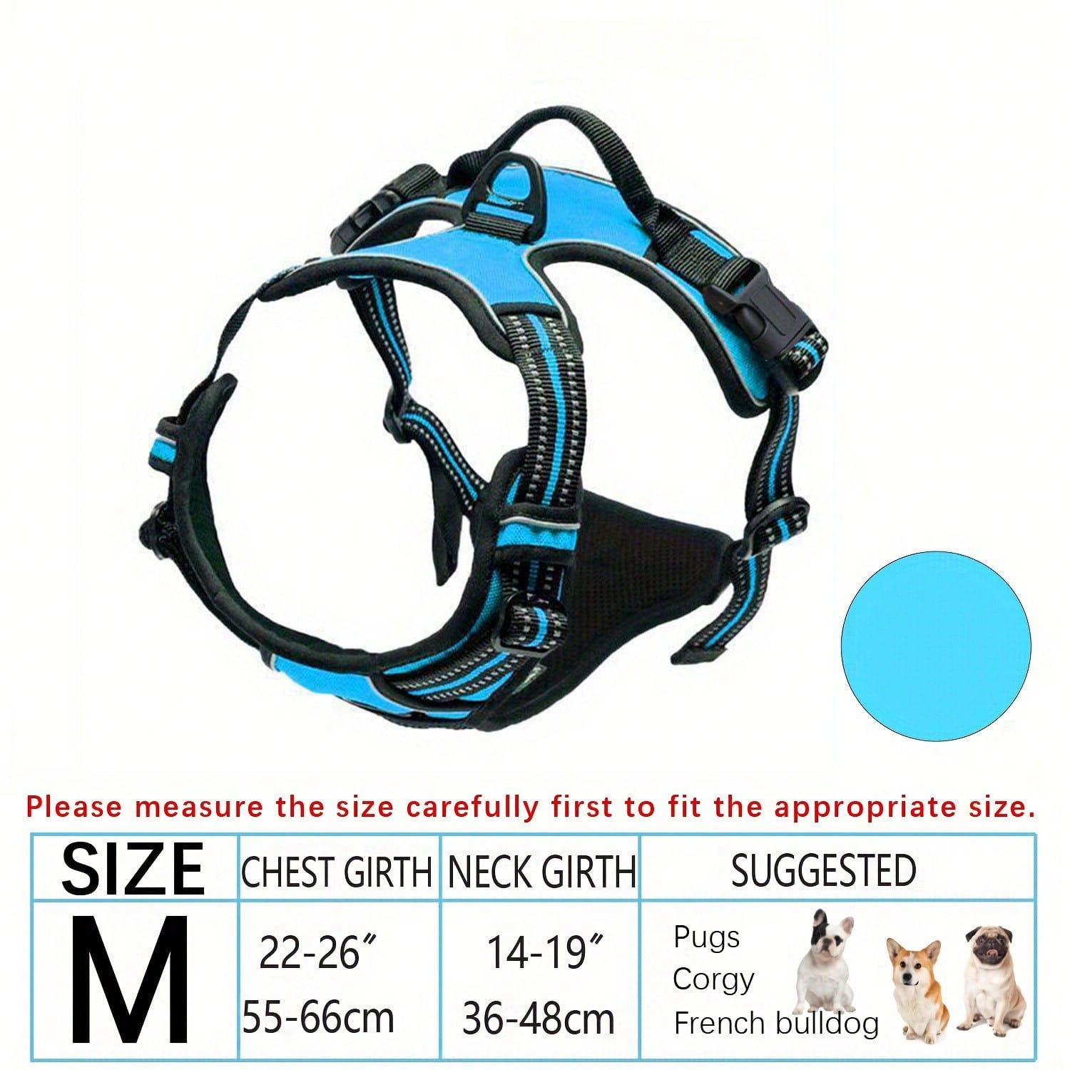 Multicolor polyester no-pull dog harness vest with reflective details, soft padding, 2 leash clips, adjustable straps, and easy control handle for dogs