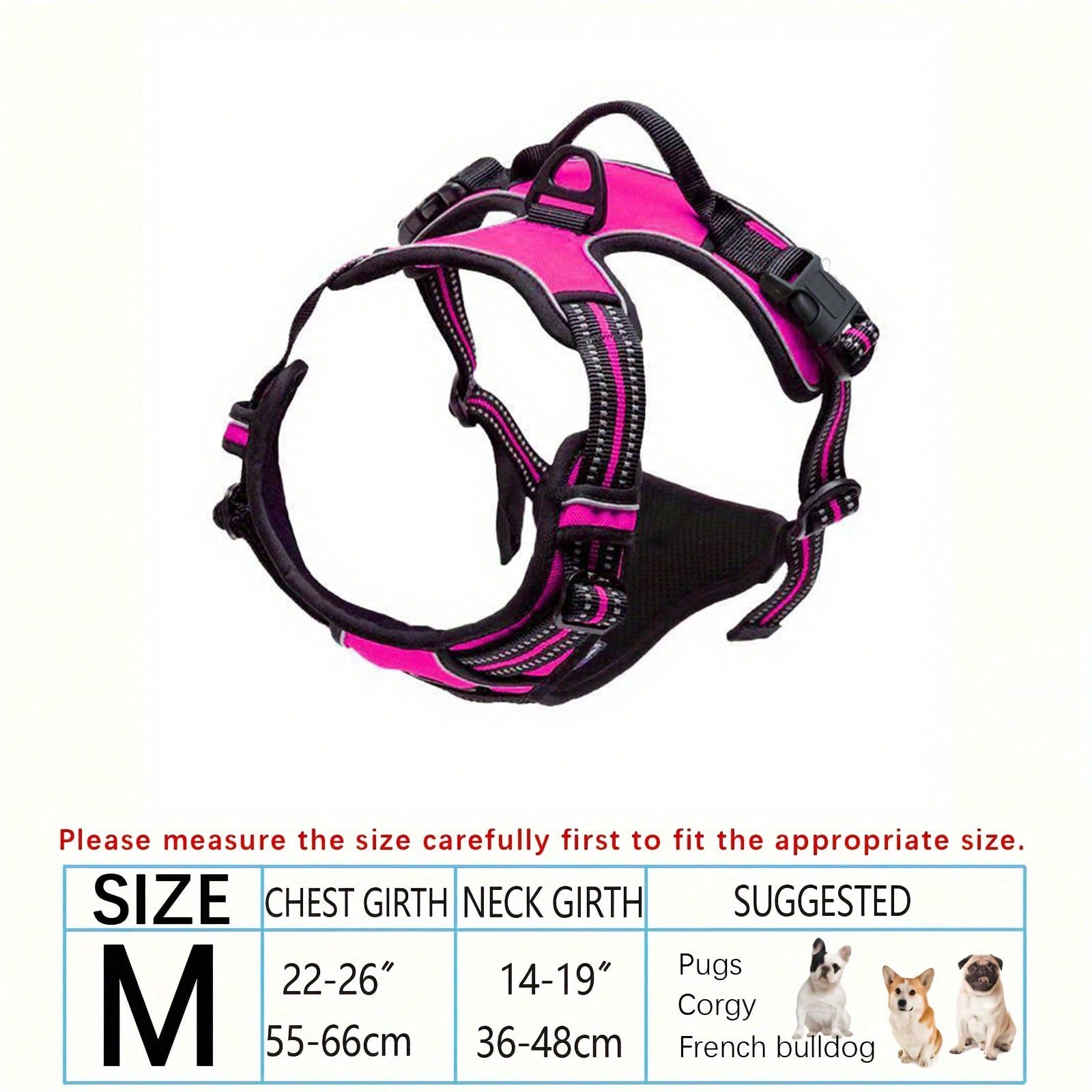 Multicolor polyester no-pull dog harness vest with reflective details, soft padding, 2 leash clips, adjustable straps, and easy control handle for dogs