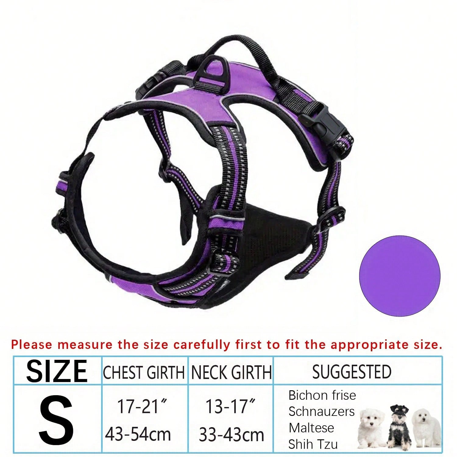 Multicolor polyester no-pull dog harness vest with reflective details, soft padding, 2 leash clips, adjustable straps, and easy control handle for dogs