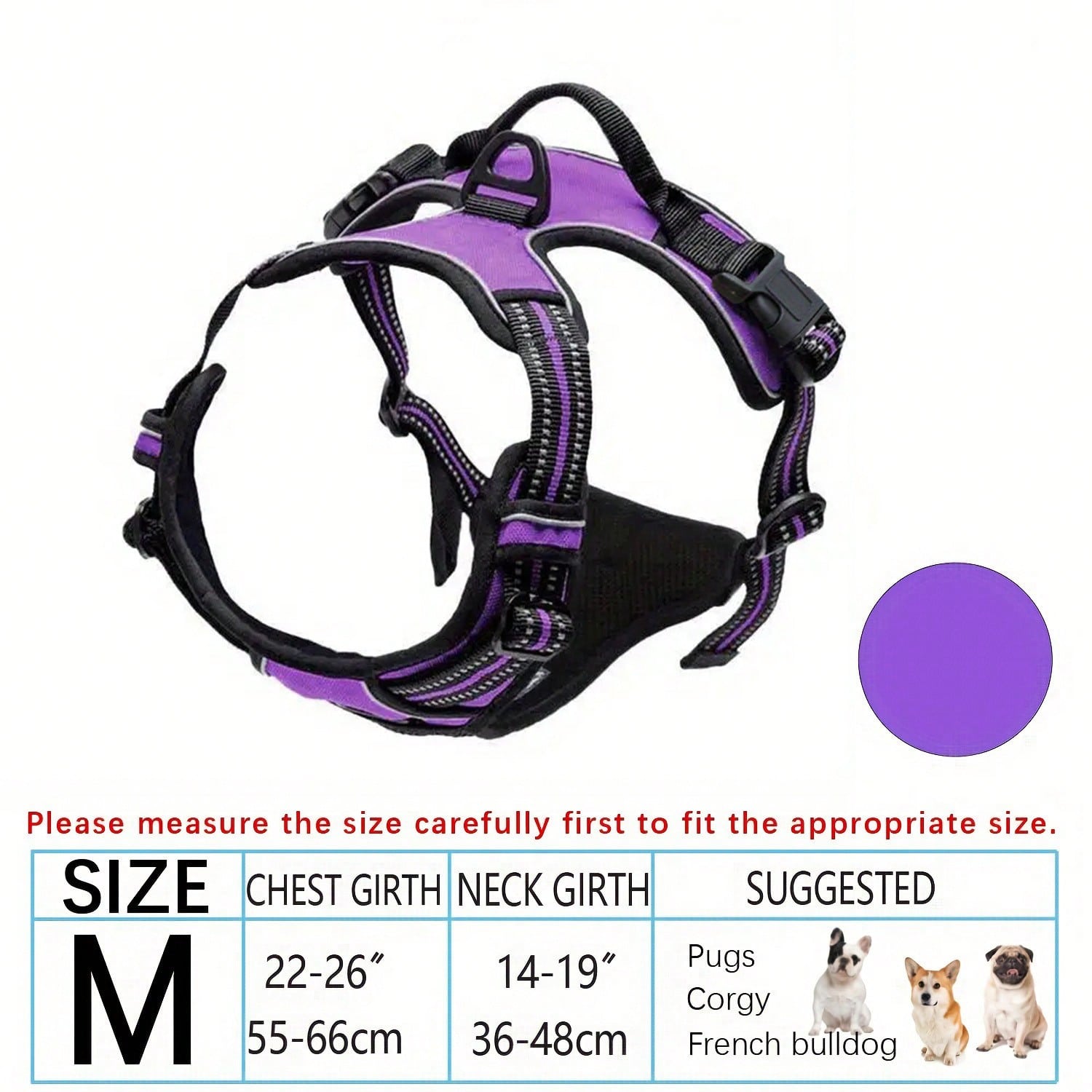 Multicolor polyester no-pull dog harness vest with reflective details, soft padding, 2 leash clips, adjustable straps, and easy control handle for dogs