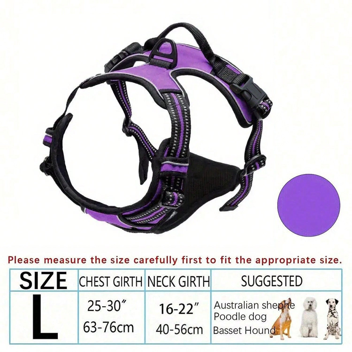 Multicolor polyester no-pull dog harness vest with reflective details, soft padding, 2 leash clips, adjustable straps, and easy control handle for dogs
