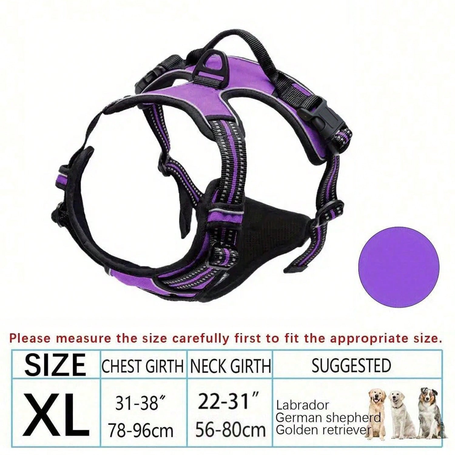Multicolor polyester no-pull dog harness vest with reflective details, soft padding, 2 leash clips, adjustable straps, and easy control handle for dogs