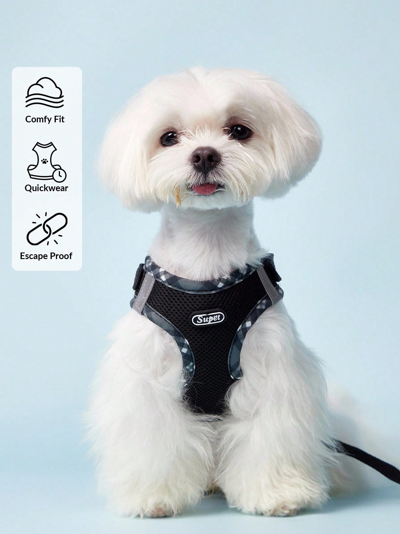 Black reflective plaid edge chest and back pet harness set with included leash for small dogs and cats