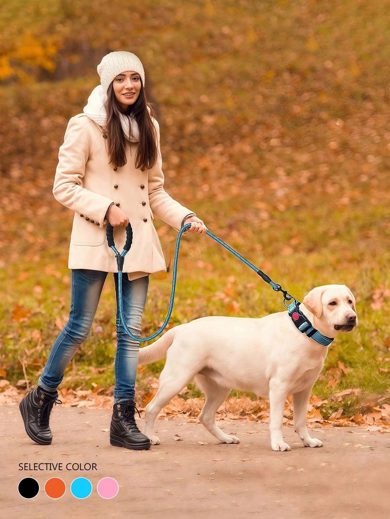 Multicolor reflective dog harness leash collar set with padded adjustable polyester vest and front and back control handles for outdoor walks