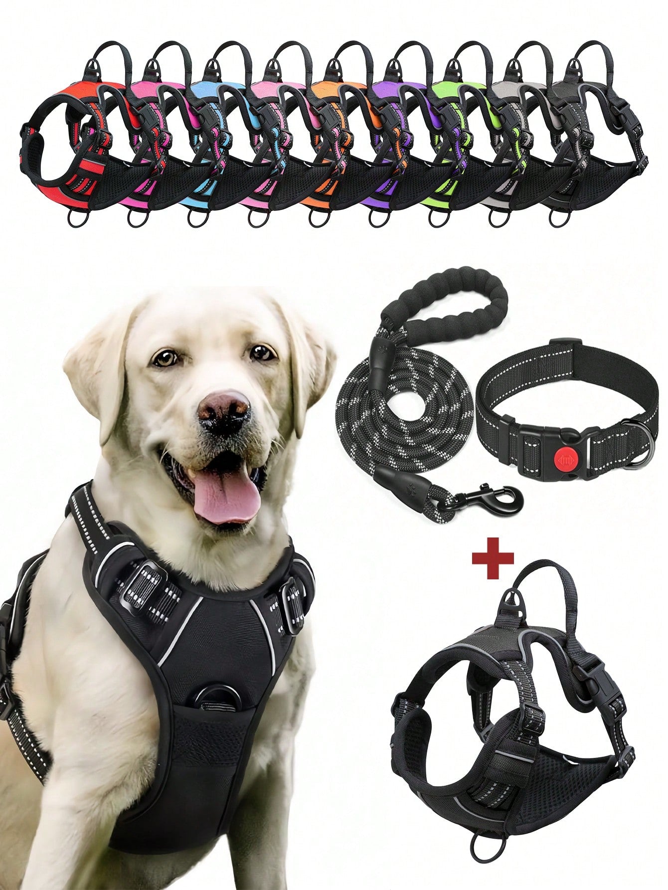 Multicolor reflective dog harness leash collar set with padded adjustable polyester vest and front and back control handles for outdoor walks