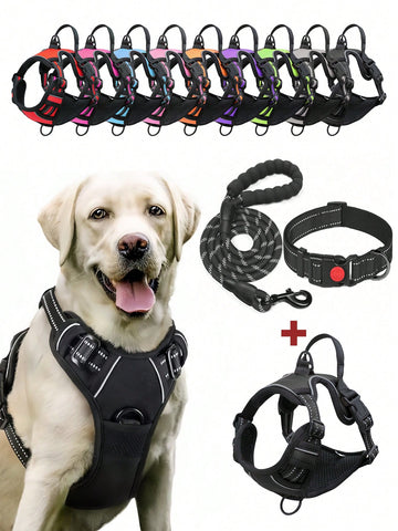Multicolor reflective dog harness leash collar set with padded adjustable polyester vest and front and back control handles for outdoor walks