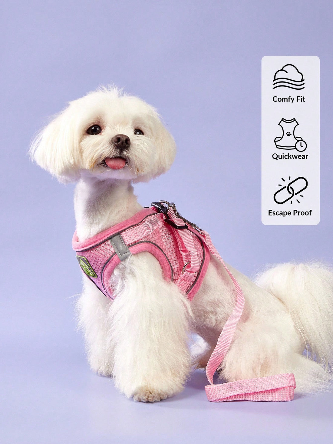 Pink reflective mesh vest-style pet harness with leash for cats and dogs, featuring adjustable chest and back straps for comfortable outdoor walking.