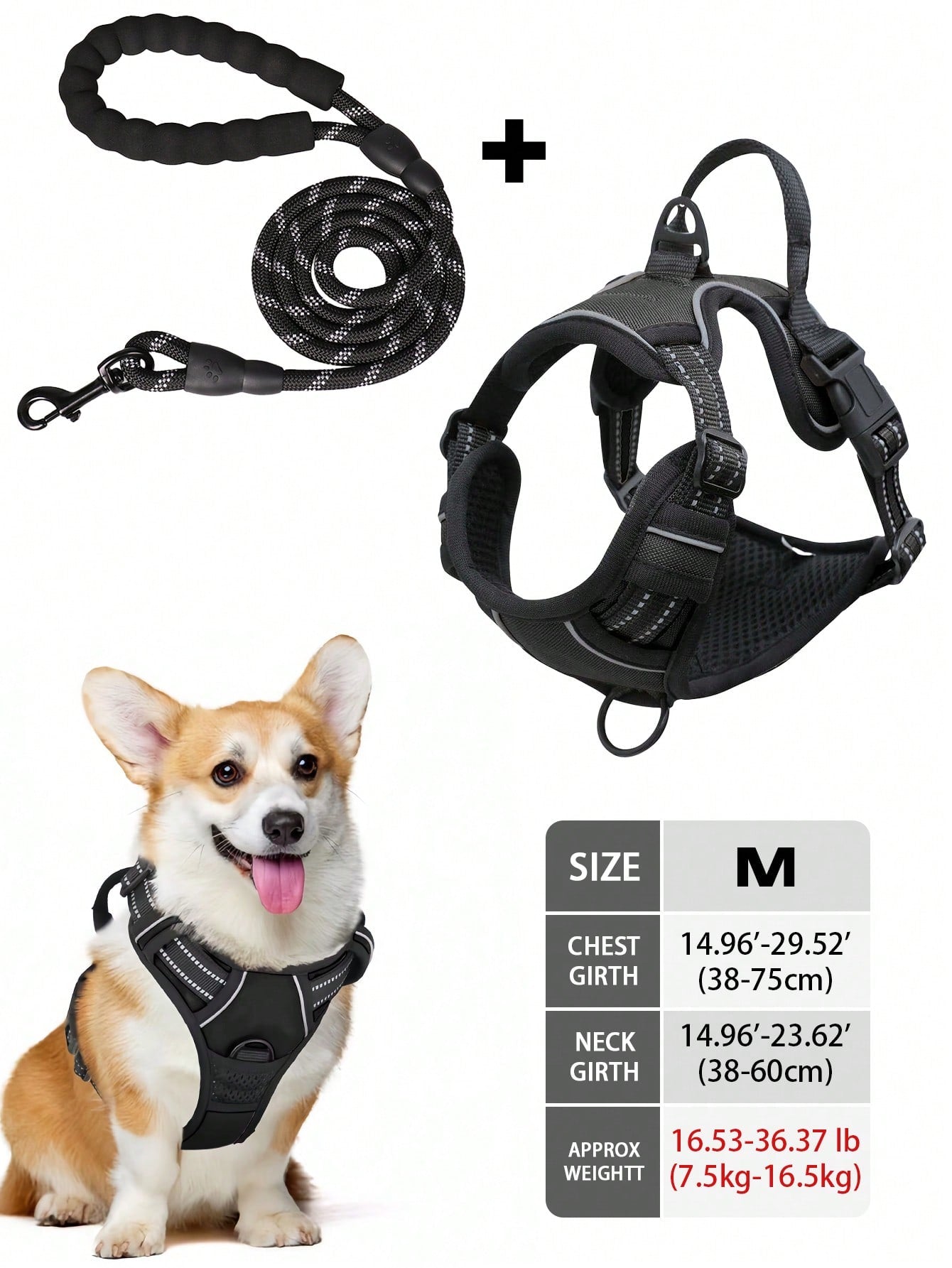 Multicolor reflective dog harness leash collar set with padded adjustable polyester vest and front and back control handles for outdoor walks