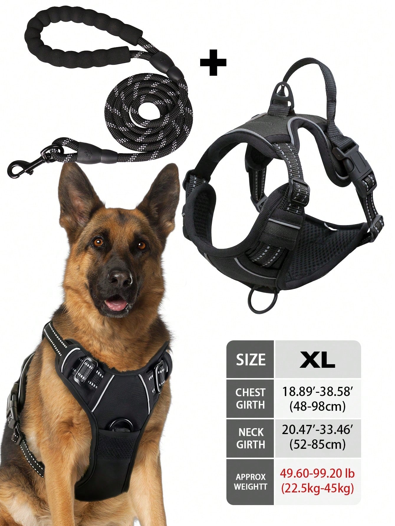 Multicolor reflective dog harness leash collar set with padded adjustable polyester vest and front and back control handles for outdoor walks