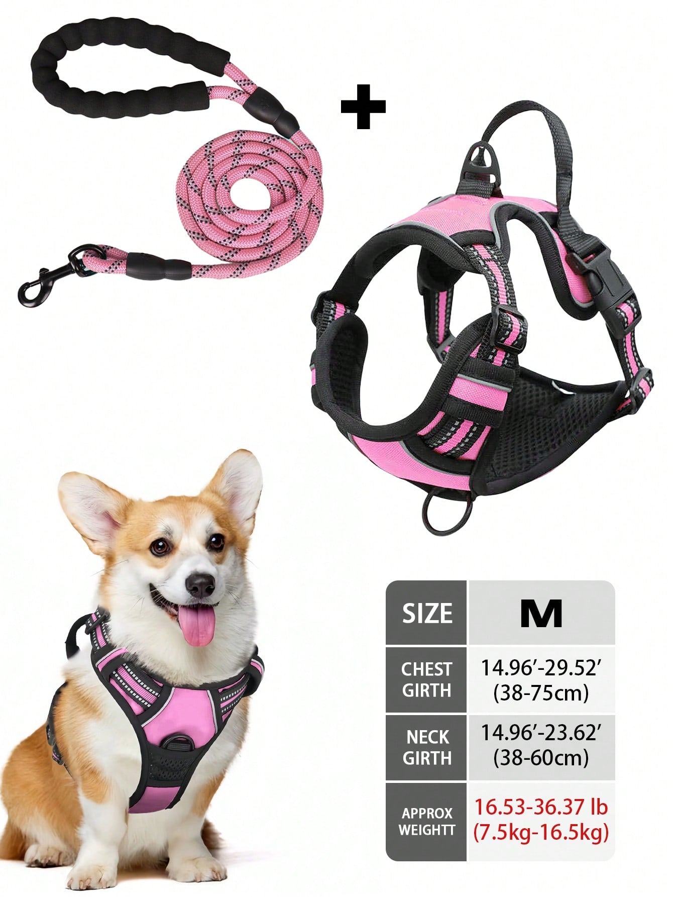 Multicolor reflective dog harness leash collar set with padded adjustable polyester vest and front and back control handles for outdoor walks