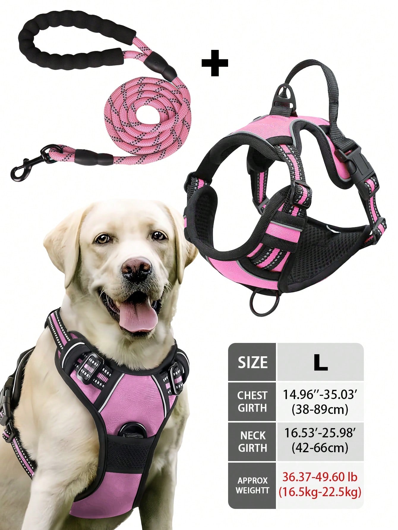 Multicolor reflective dog harness leash collar set with padded adjustable polyester vest and front and back control handles for outdoor walks