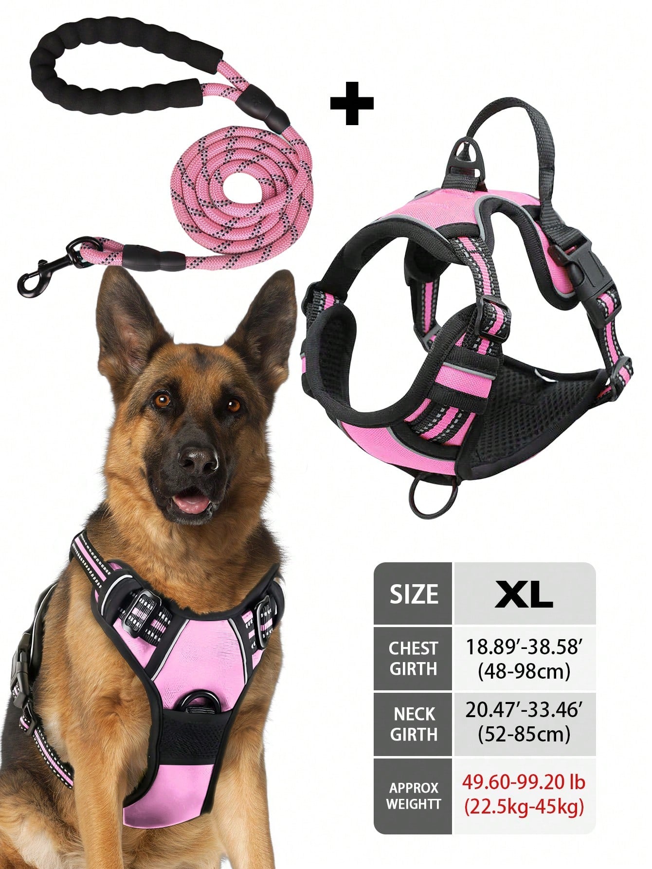 Multicolor reflective dog harness leash collar set with padded adjustable polyester vest and front and back control handles for outdoor walks