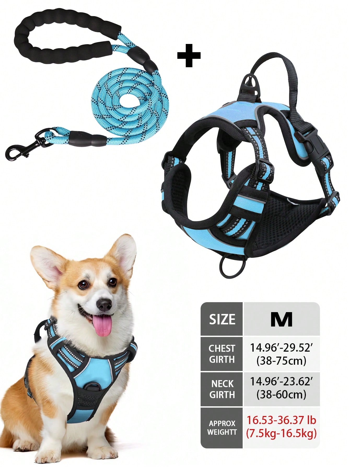 Multicolor reflective dog harness leash collar set with padded adjustable polyester vest and front and back control handles for outdoor walks