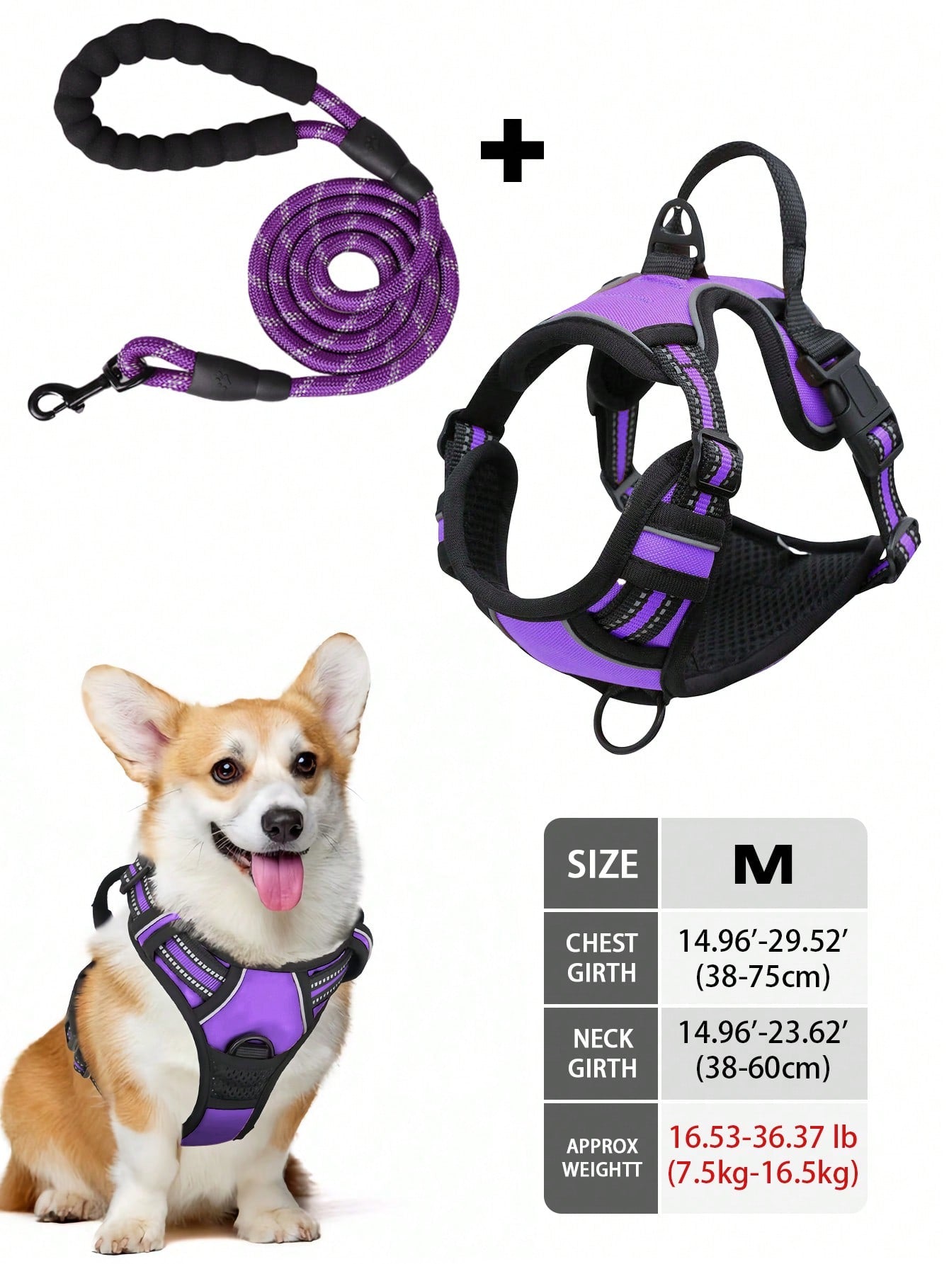 Multicolor reflective dog harness leash collar set with padded adjustable polyester vest and front and back control handles for outdoor walks