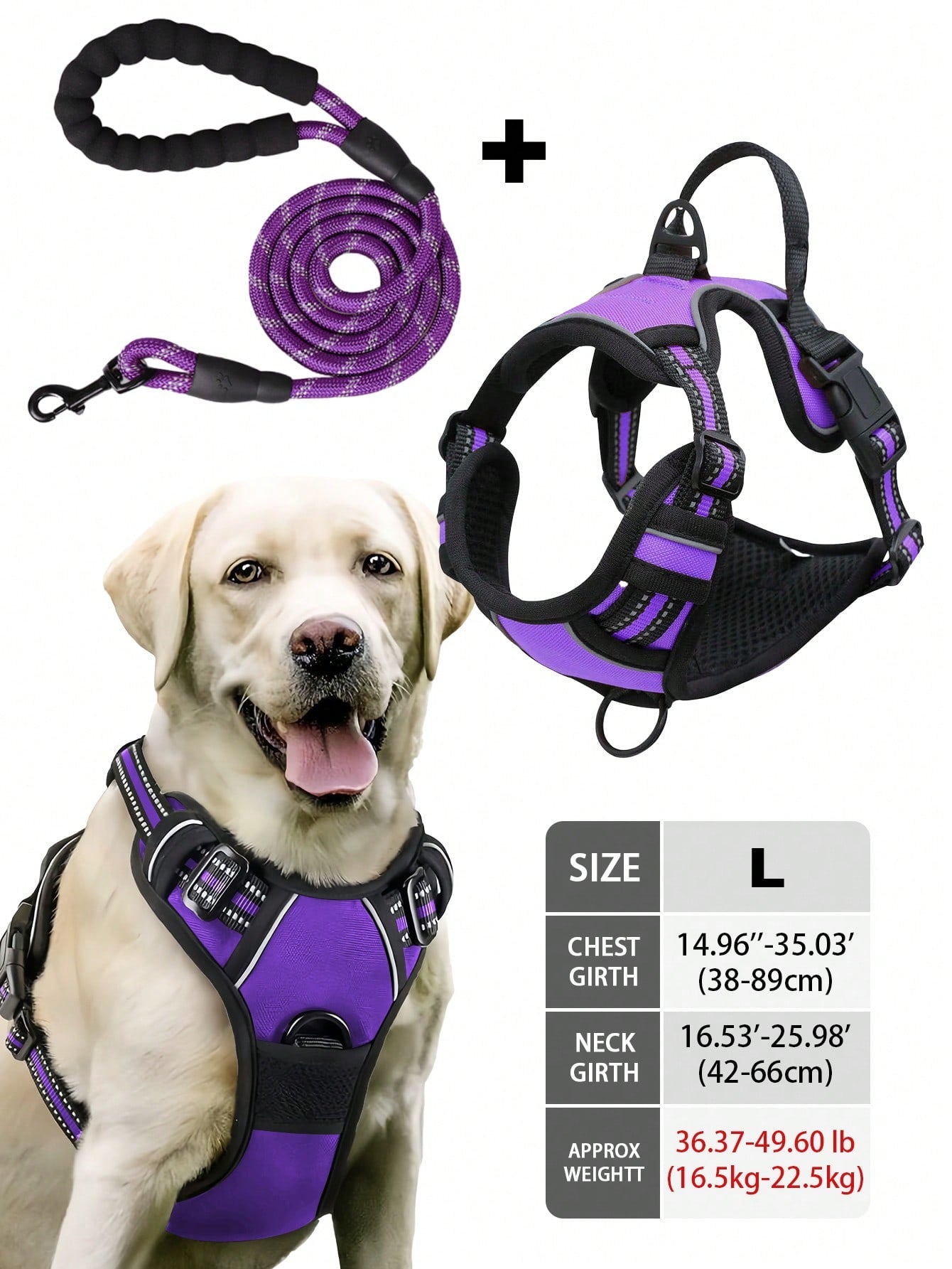 Multicolor reflective dog harness leash collar set with padded adjustable polyester vest and front and back control handles for outdoor walks