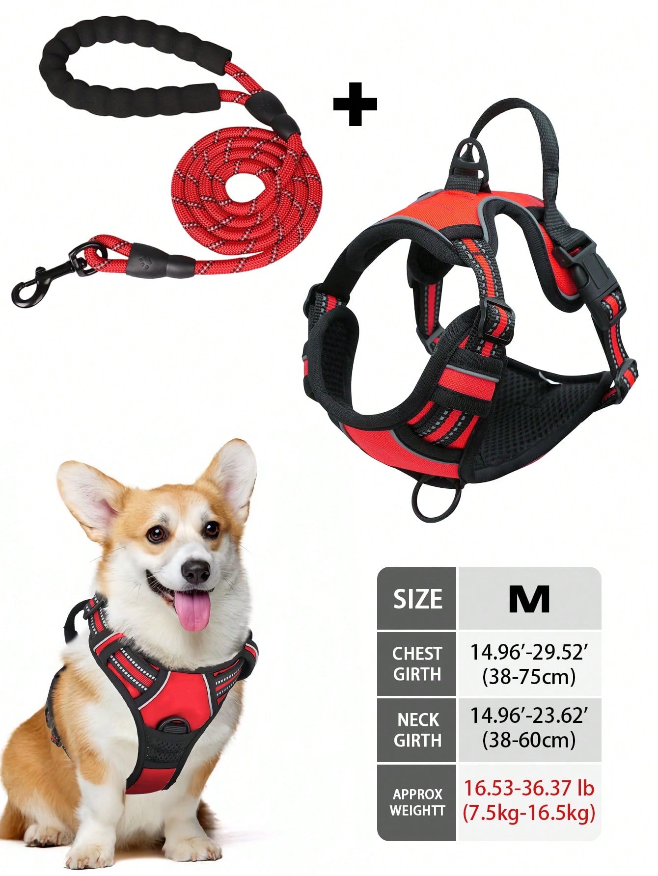 Multicolor reflective dog harness leash collar set with padded adjustable polyester vest and front and back control handles for outdoor walks