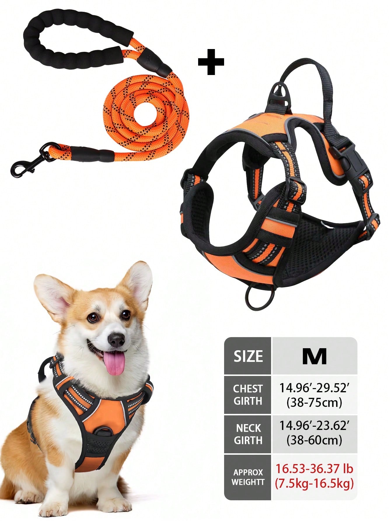 Multicolor reflective dog harness leash collar set with padded adjustable polyester vest and front and back control handles for outdoor walks