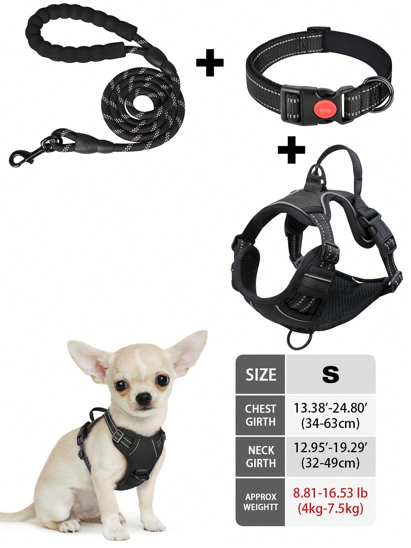 Multicolor reflective dog harness leash collar set with padded adjustable polyester vest and front and back control handles for outdoor walks