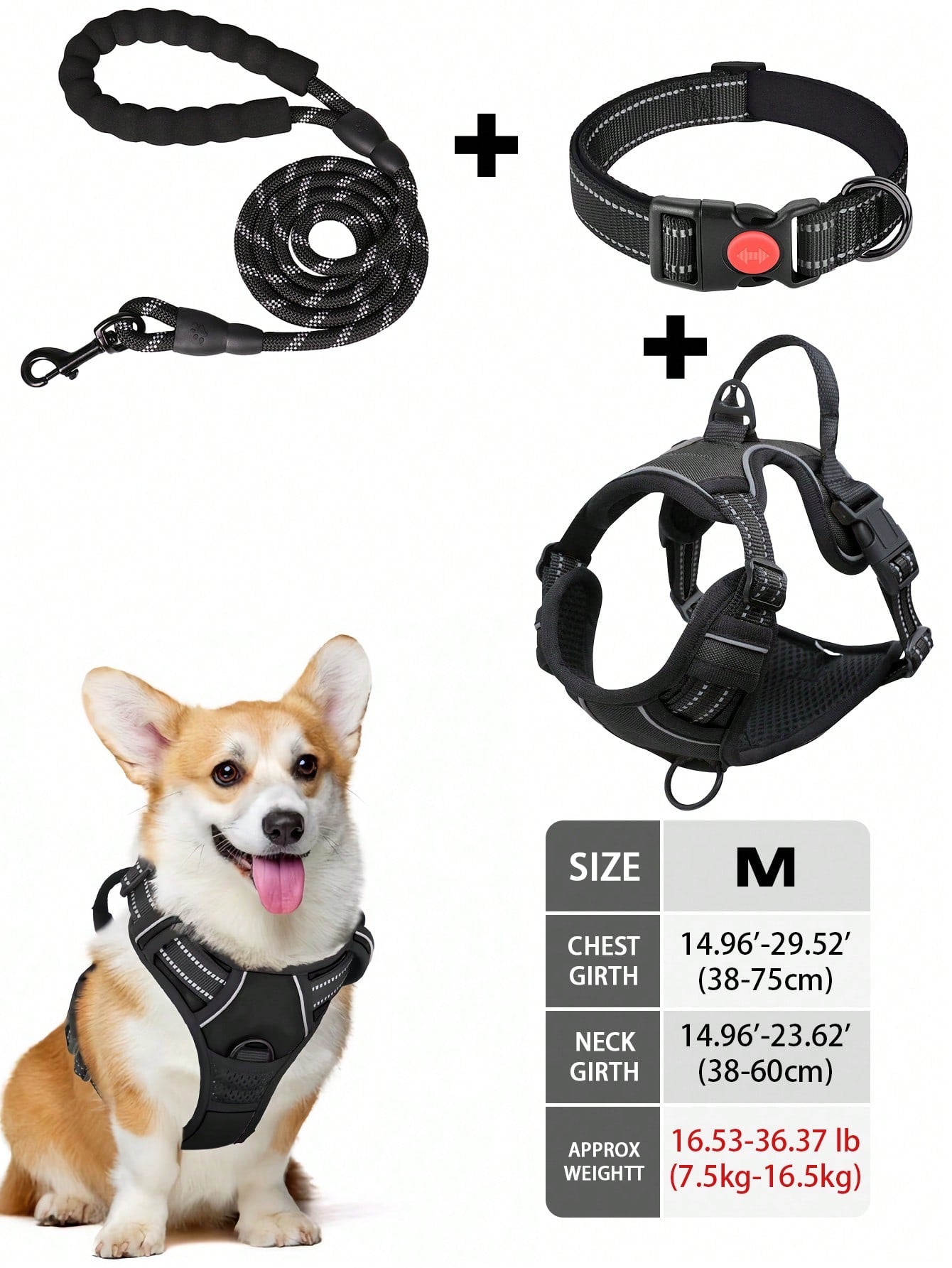 Multicolor reflective dog harness leash collar set with padded adjustable polyester vest and front and back control handles for outdoor walks