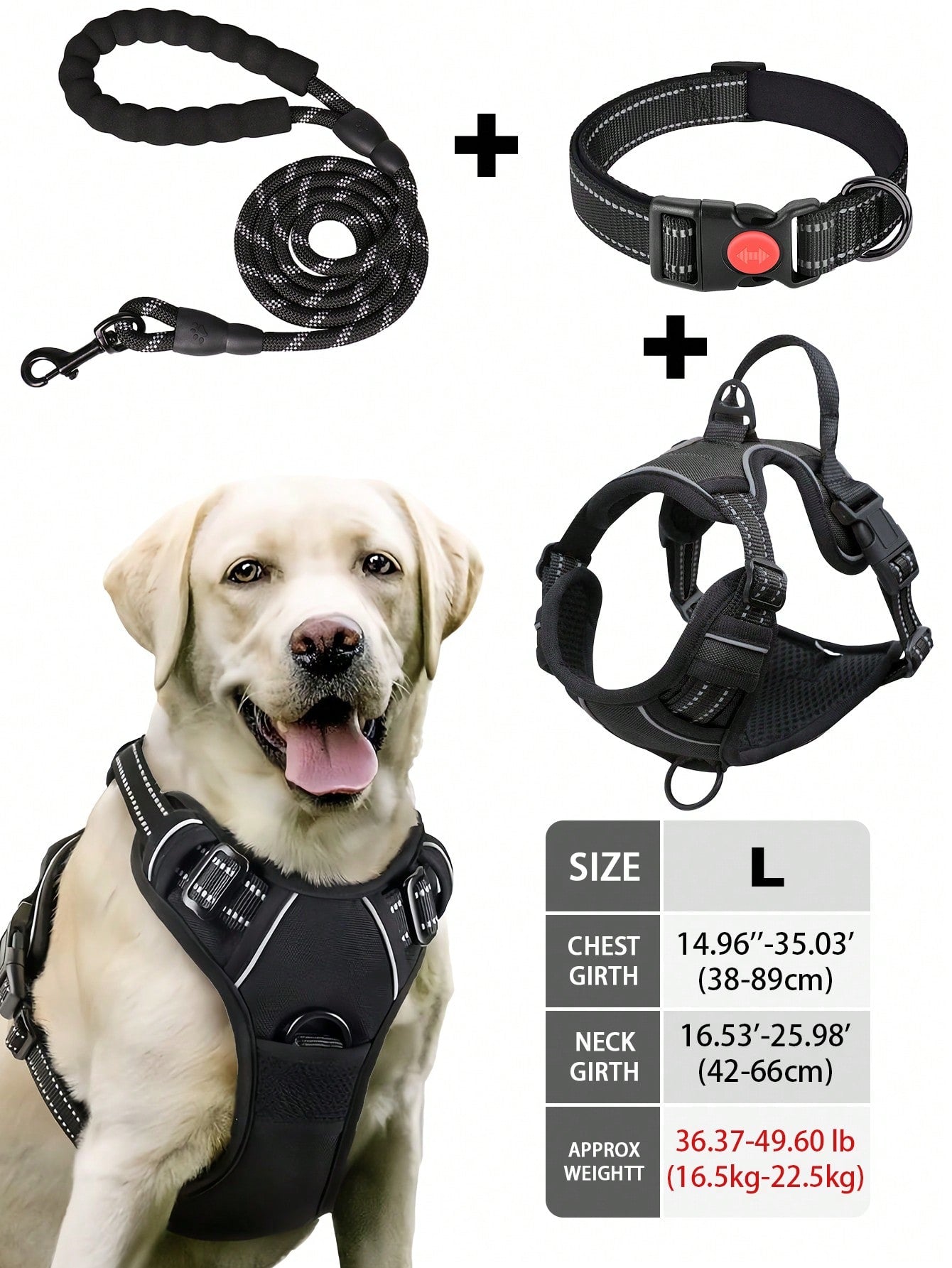 Multicolor reflective dog harness leash collar set with padded adjustable polyester vest and front and back control handles for outdoor walks