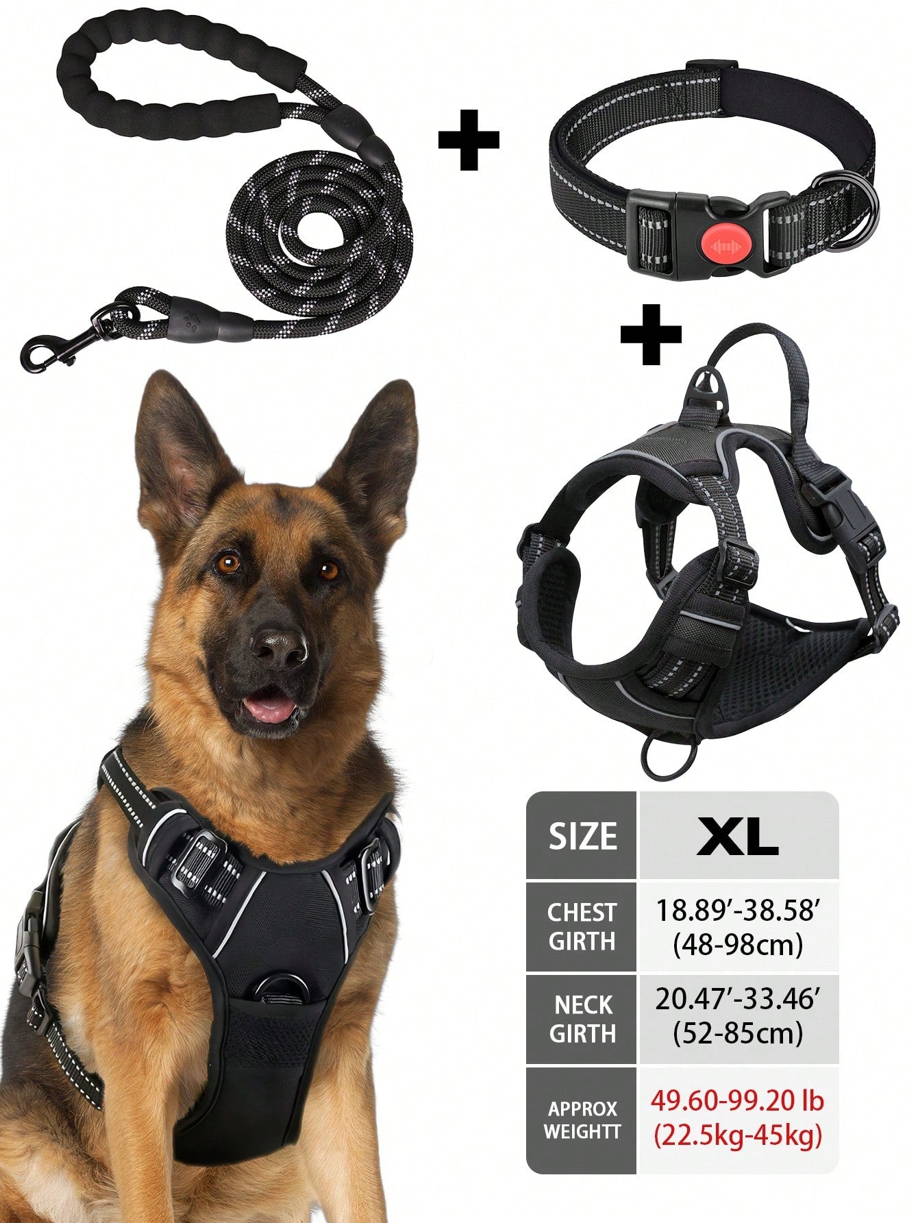 Multicolor reflective dog harness leash collar set with padded adjustable polyester vest and front and back control handles for outdoor walks