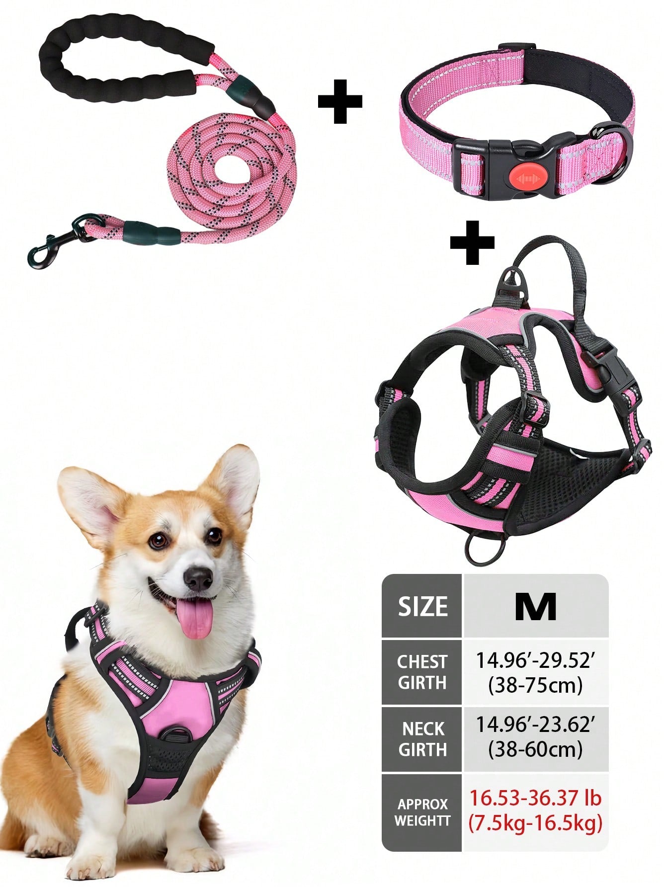 Multicolor reflective dog harness leash collar set with padded adjustable polyester vest and front and back control handles for outdoor walks