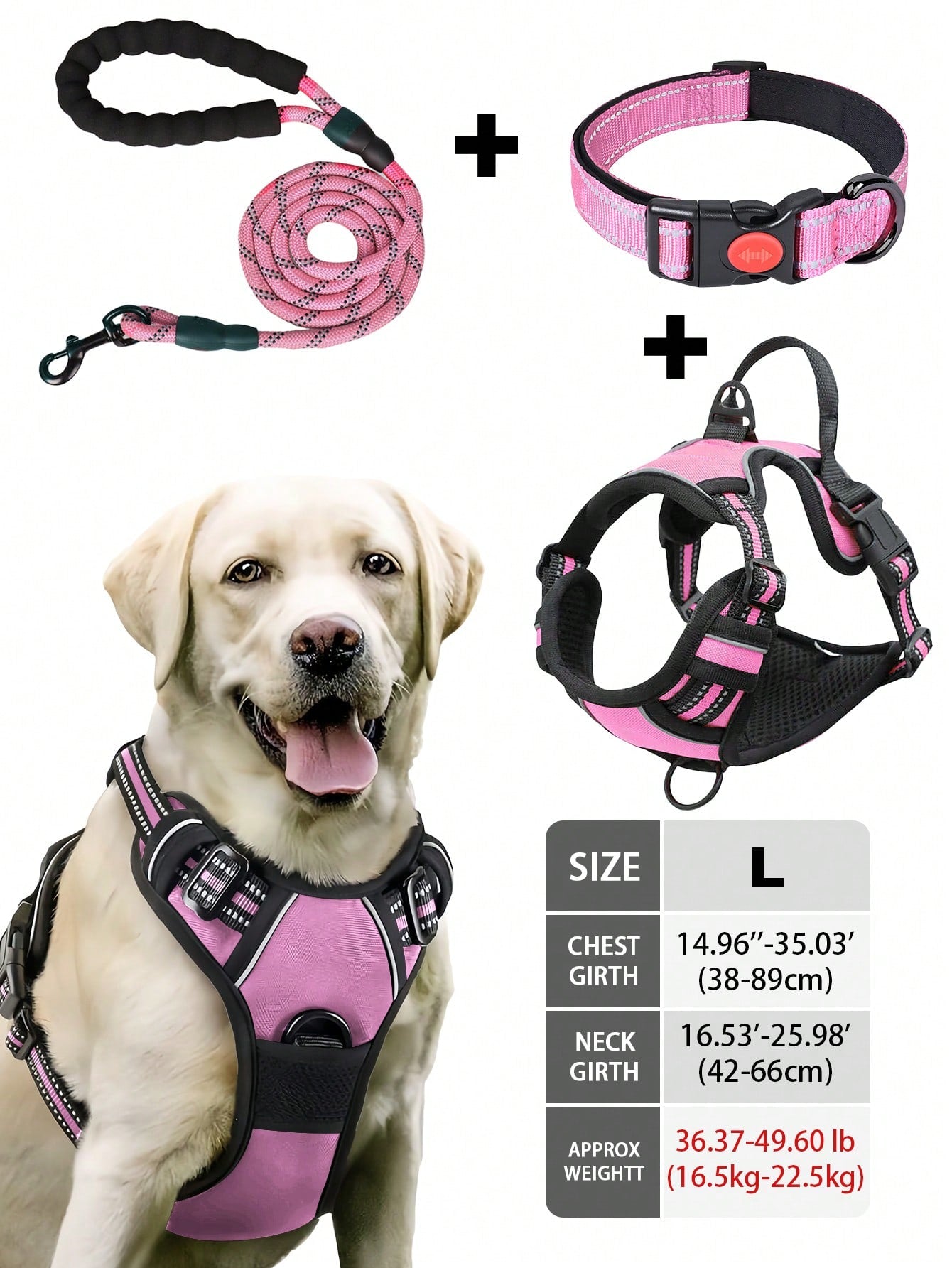 Multicolor reflective dog harness leash collar set with padded adjustable polyester vest and front and back control handles for outdoor walks
