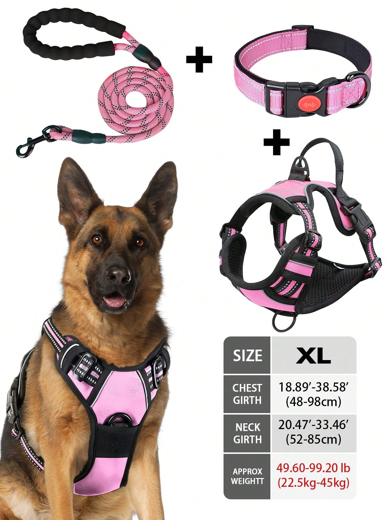 Multicolor reflective dog harness leash collar set with padded adjustable polyester vest and front and back control handles for outdoor walks
