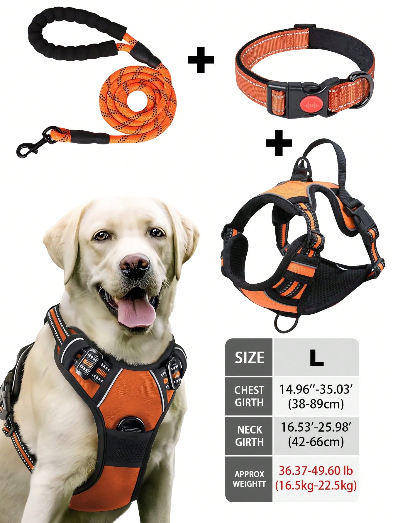 Multicolor reflective dog harness leash collar set with padded adjustable polyester vest and front and back control handles for outdoor walks