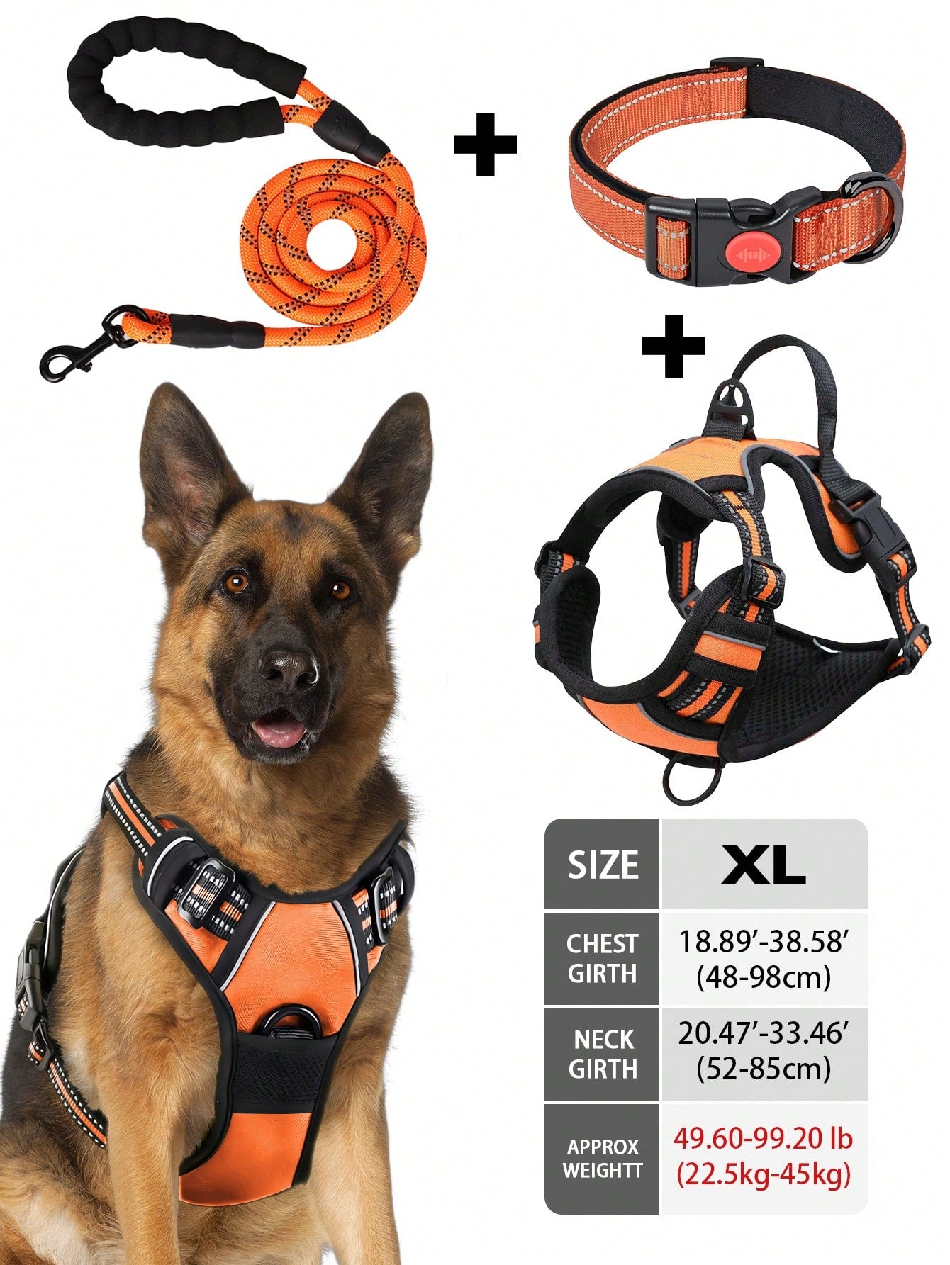 Multicolor reflective dog harness leash collar set with padded adjustable polyester vest and front and back control handles for outdoor walks