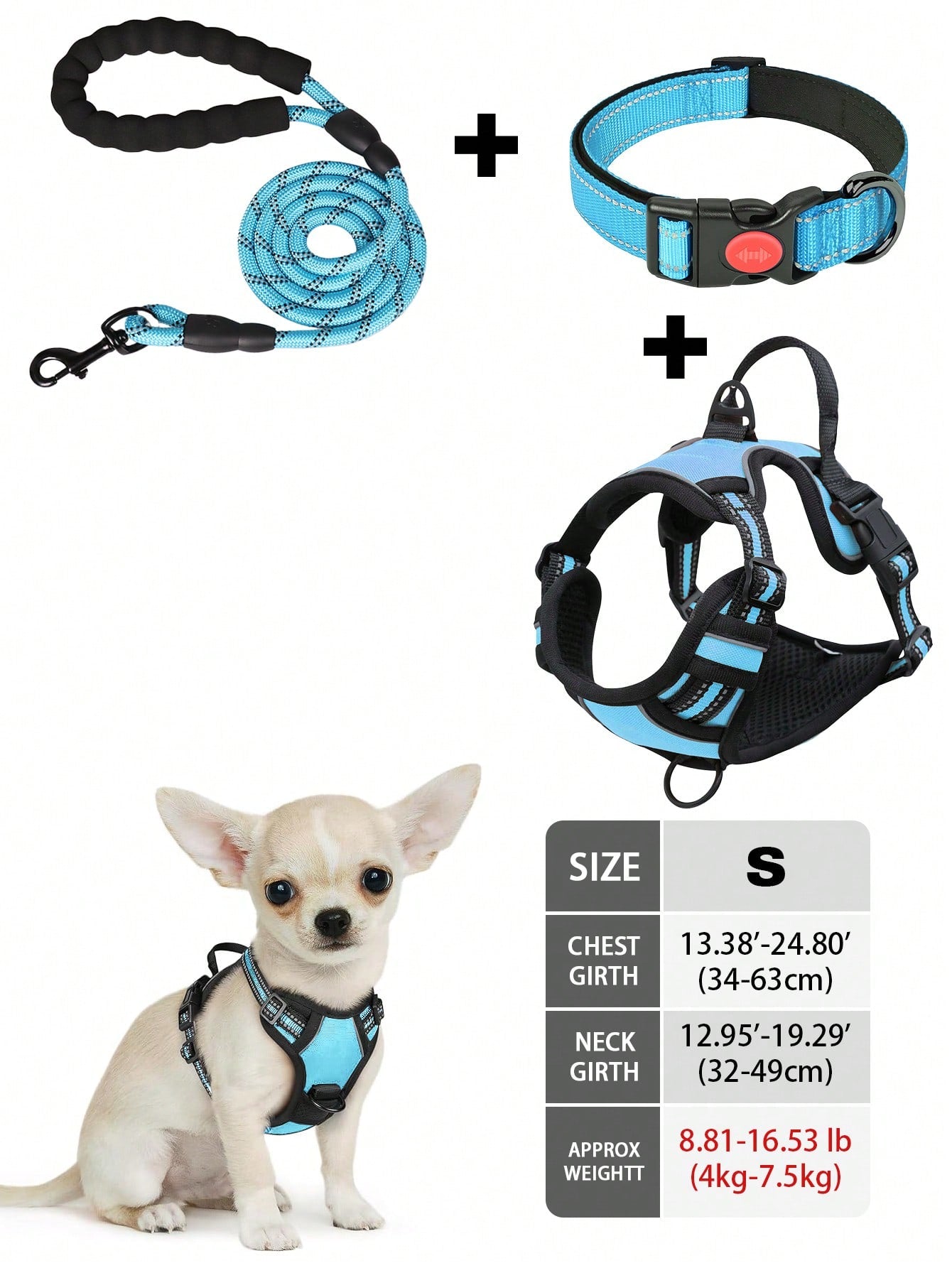 Multicolor reflective dog harness leash collar set with padded adjustable polyester vest and front and back control handles for outdoor walks