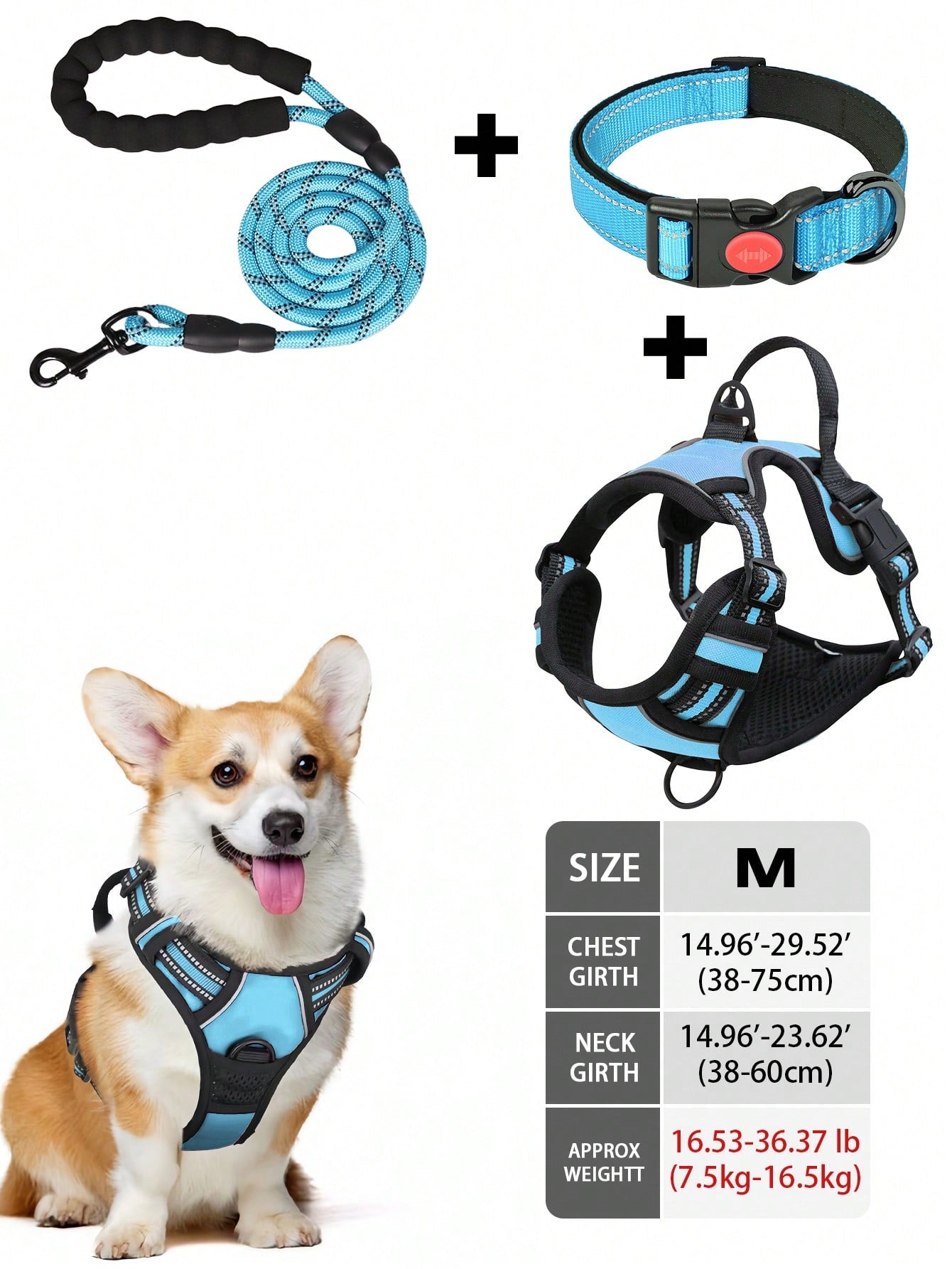 Multicolor reflective dog harness leash collar set with padded adjustable polyester vest and front and back control handles for outdoor walks