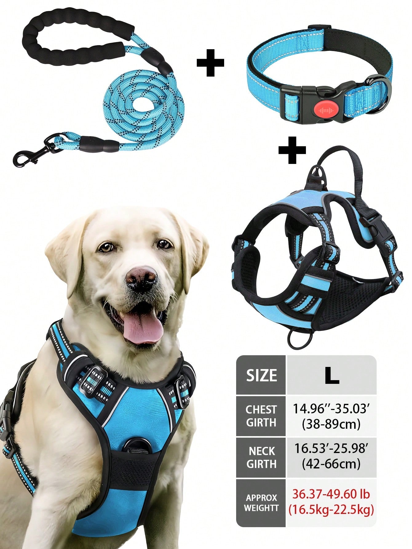 Multicolor reflective dog harness leash collar set with padded adjustable polyester vest and front and back control handles for outdoor walks