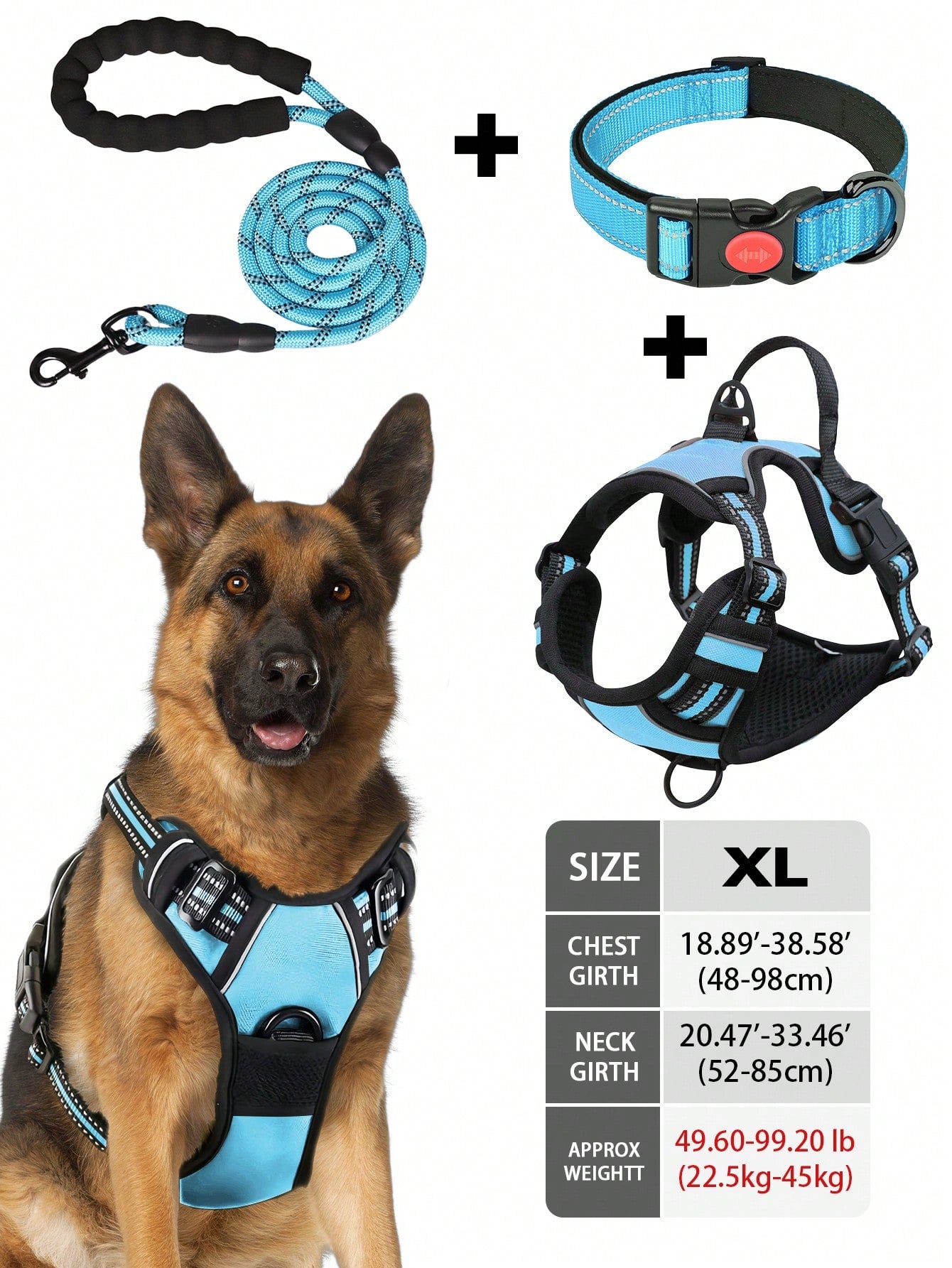 Multicolor reflective dog harness leash collar set with padded adjustable polyester vest and front and back control handles for outdoor walks