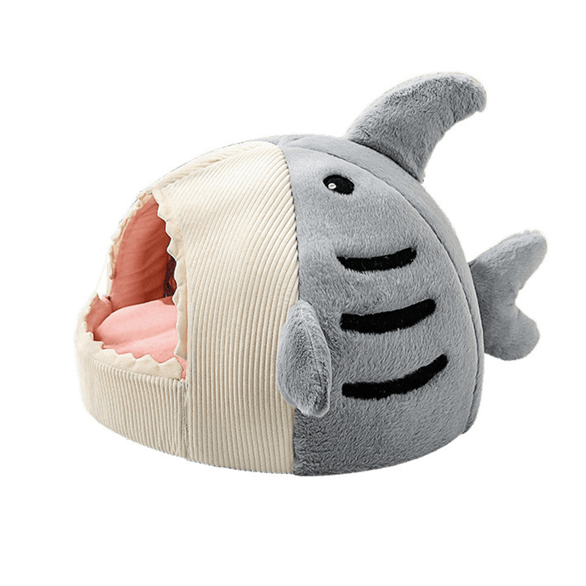 Blue shark-shaped enclosed pet bed nest made of soft polyester fabric for cats and small dogs.