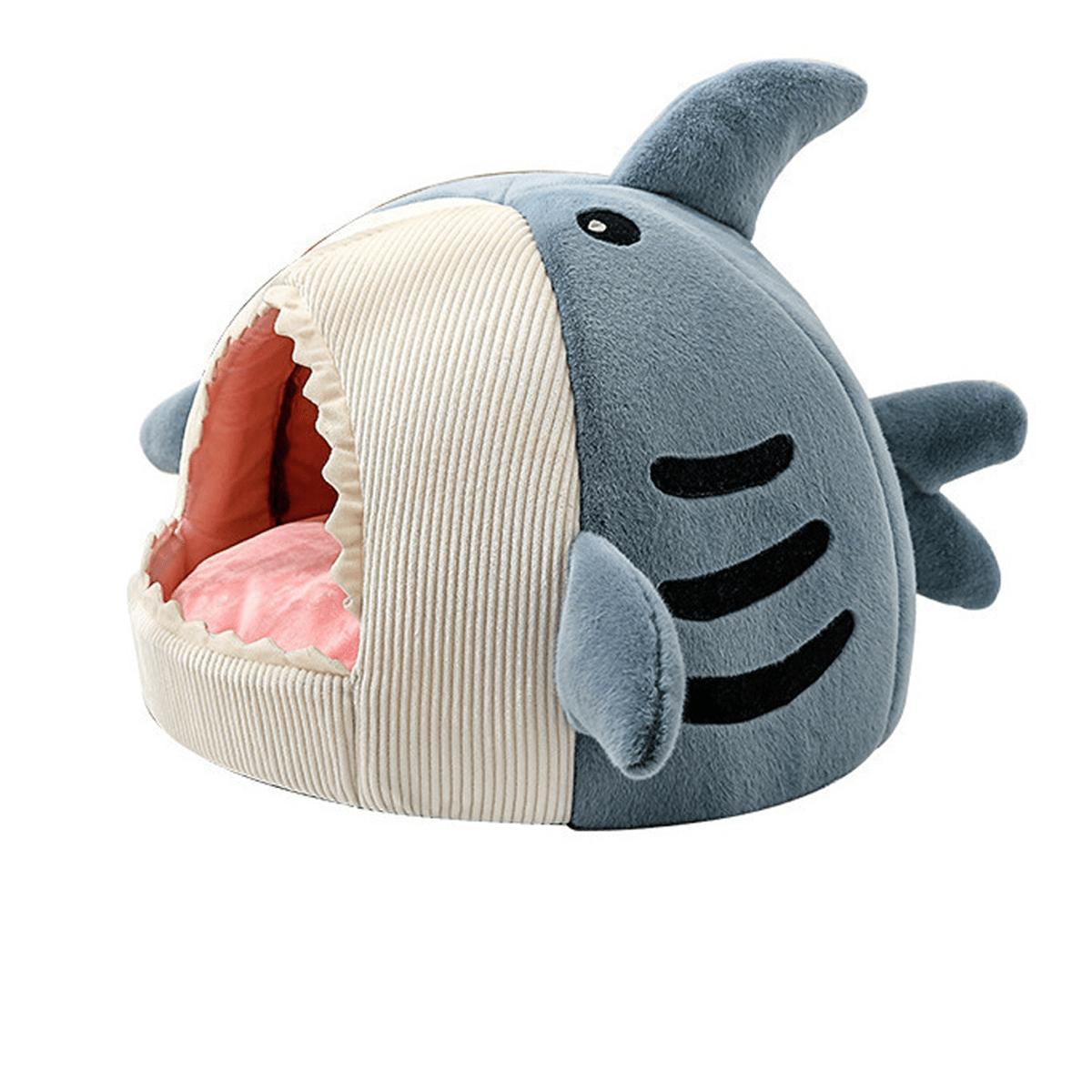 Blue shark-shaped enclosed pet bed nest made of soft polyester fabric for cats and small dogs.