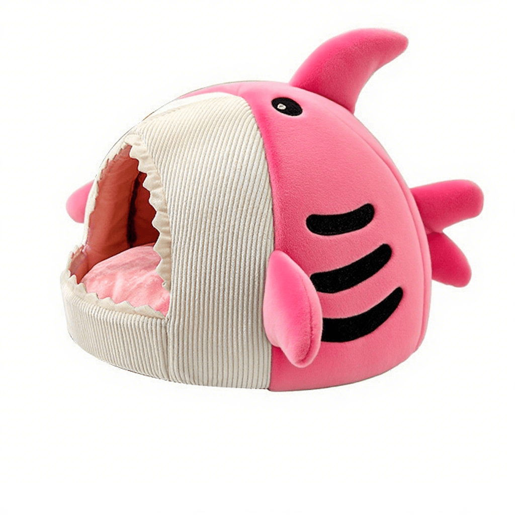 Blue shark-shaped enclosed pet bed nest made of soft polyester fabric for cats and small dogs.