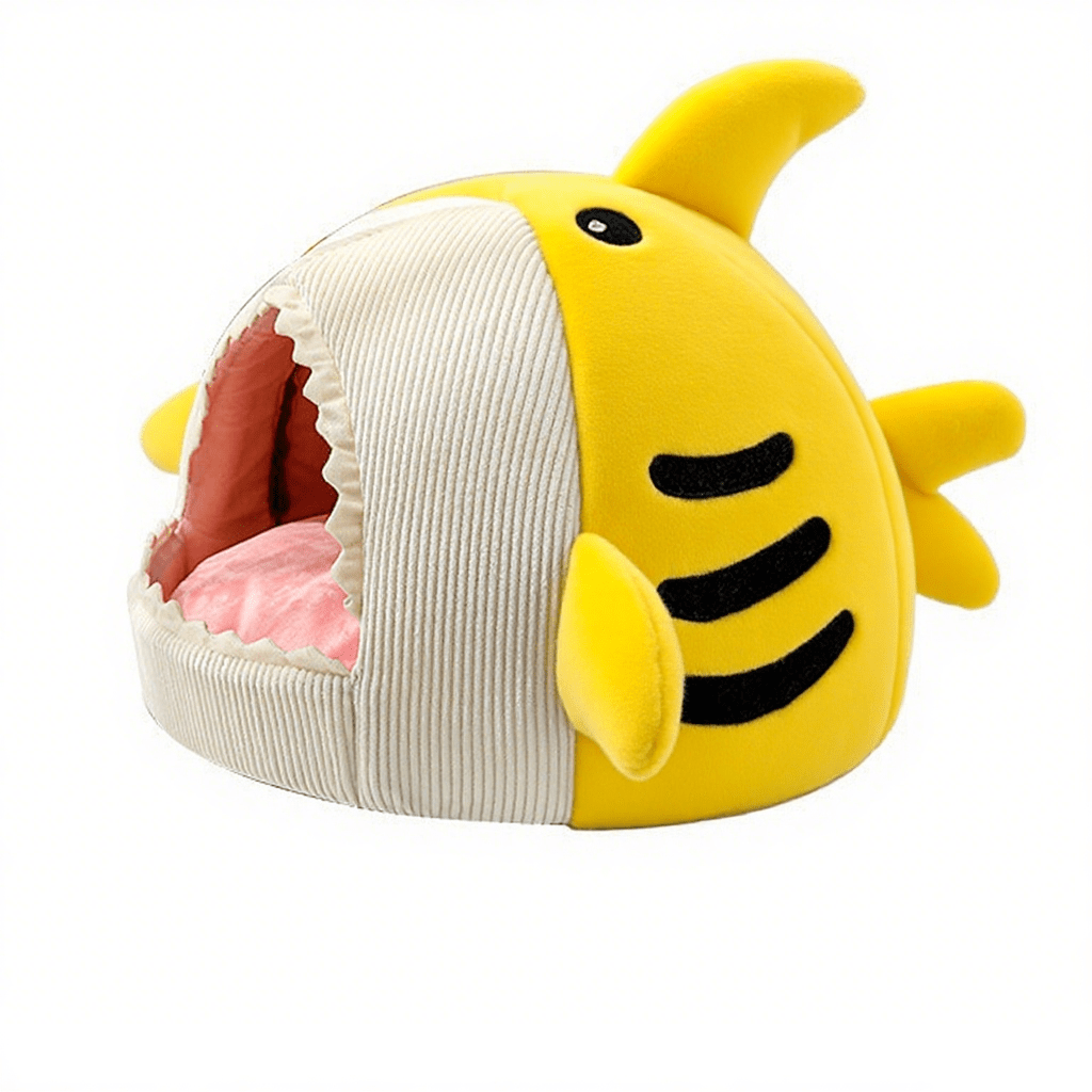 Blue shark-shaped enclosed pet bed nest made of soft polyester fabric for cats and small dogs.